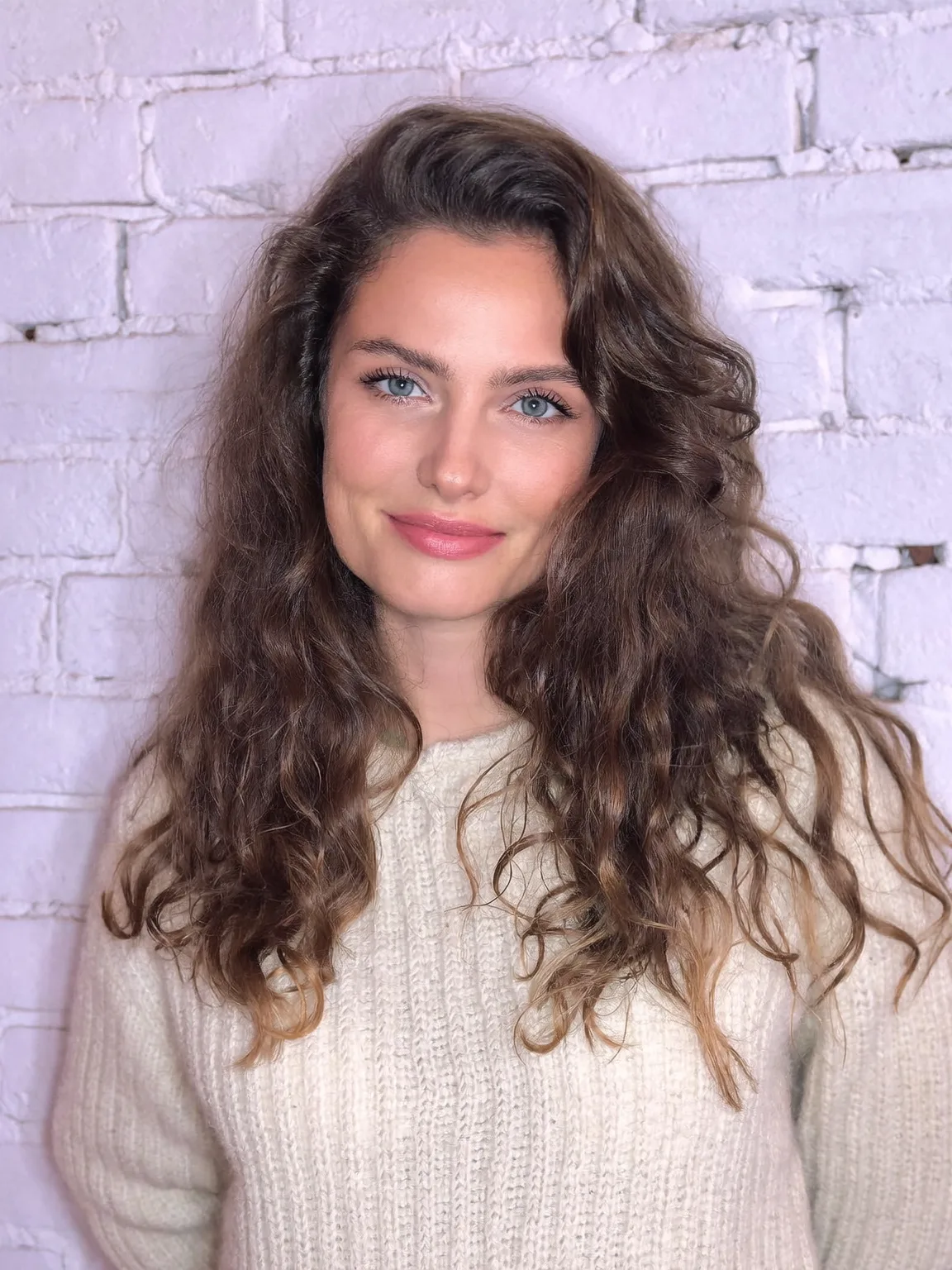 Chocolate with Caramel Highlights Curly Layers and Side Bangs